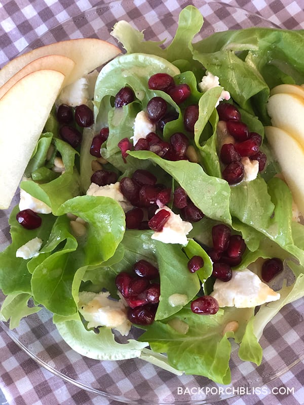 Mixed Baby Greens with Pomegranate, Gorgonzola and Pecans –